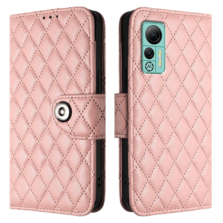 For Ulefone Note 14 Rhombic Texture Flip Leather Phone Case with Lanyard(Coral Pink)
