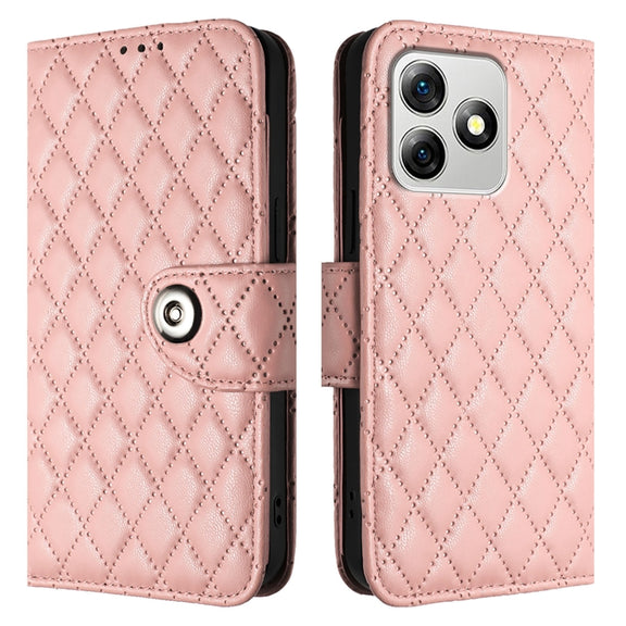 For Ulefone Note 18 Ultra Rhombic Texture Flip Leather Phone Case with Lanyard(Coral Pink)