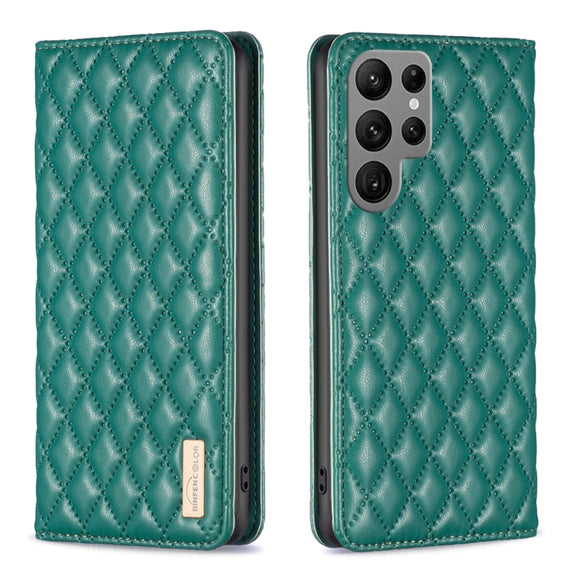 For Samsung Galaxy S25 Ultra 5G Diamond Lattice Magnetic Leather Flip Phone Case(Green)