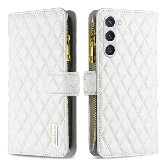 For Samsung Galaxy S25+ 5G Diamond Lattice Zipper Wallet Leather Flip Phone Case(White)