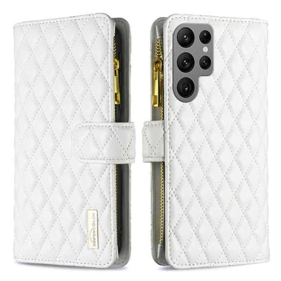 For Samsung Galaxy S25 Ultra 5G Diamond Lattice Zipper Wallet Leather Flip Phone Case(White)
