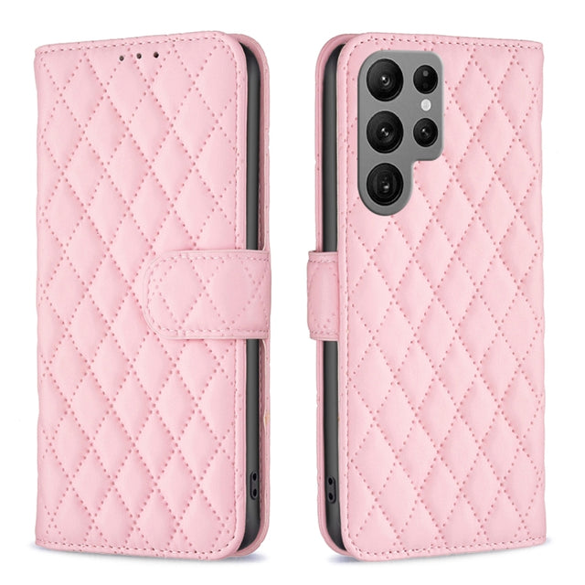 For Samsung Galaxy S25 Ultra 5G Diamond Lattice Wallet Flip Leather Phone Case(Pink)