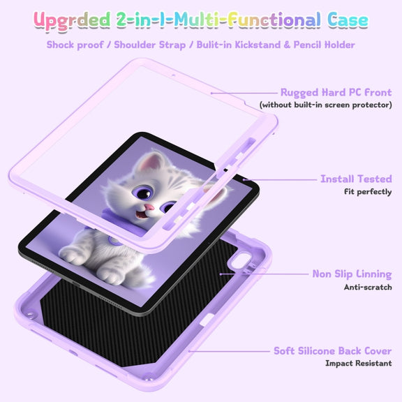 For iPad Air 11 2025 / 2024 Cat Holder Silicone Hybrid PC Tablet Case with Strap(Purple)