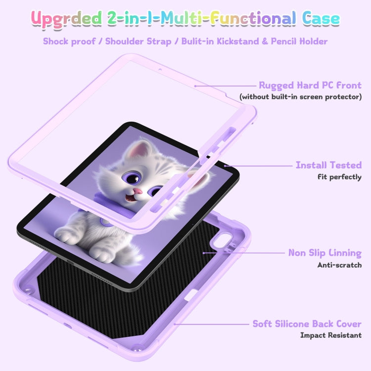 For iPad Air 11 2025 / 2024 Cat Holder Silicone Hybrid PC Tablet Case with Strap(Purple)