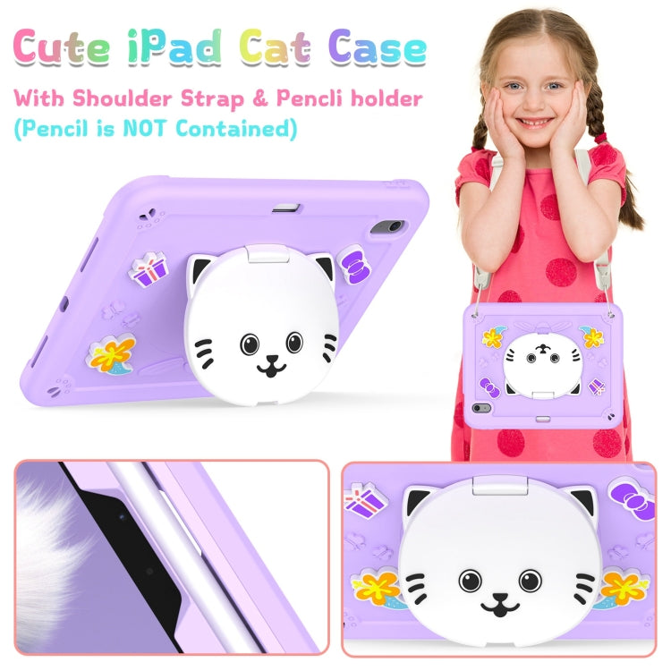 For iPad Air 11 2025 / 2024 Cat Holder Silicone Hybrid PC Tablet Case with Strap(Purple)