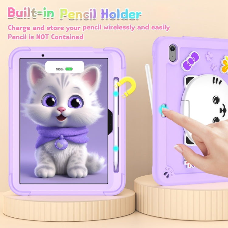 For iPad Air 11 2025 / 2024 Cat Holder Silicone Hybrid PC Tablet Case with Strap(Purple)