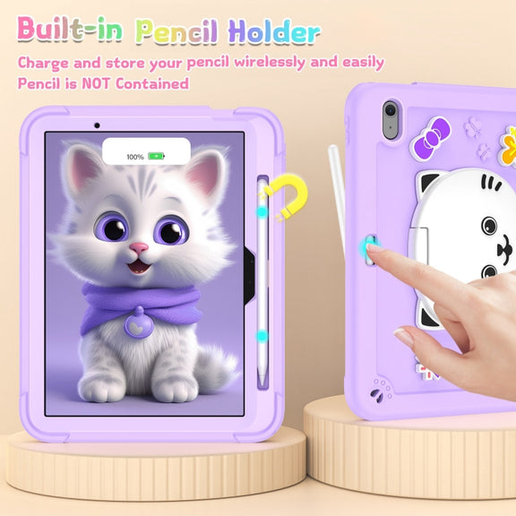 For iPad Air 11 2025 / 2024 Cat Holder Silicone Hybrid PC Tablet Case with Strap(Purple)