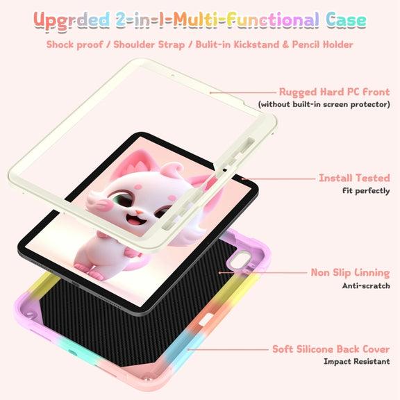 For iPad Air 11 2025 / 2024 Cat Holder Silicone Hybrid PC Tablet Case with Strap(Colorful Rose Gold)