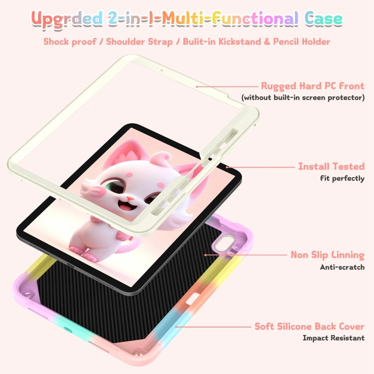 For iPad Air 11 2025 / 2024 Cat Holder Silicone Hybrid PC Tablet Case with Strap(Colorful Rose Gold)