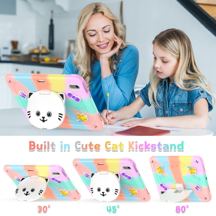 For iPad Air 11 2025 / 2024 Cat Holder Silicone Hybrid PC Tablet Case with Strap(Colorful Rose Gold)