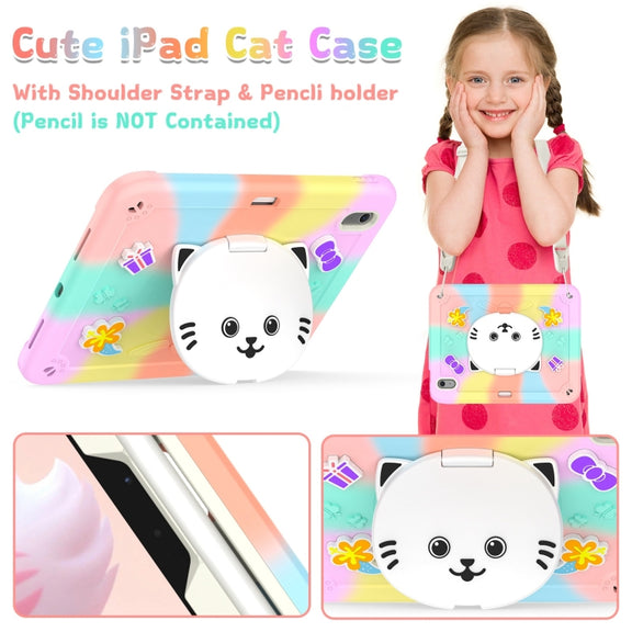 For iPad Air 11 2025 / 2024 Cat Holder Silicone Hybrid PC Tablet Case with Strap(Colorful Rose Gold)