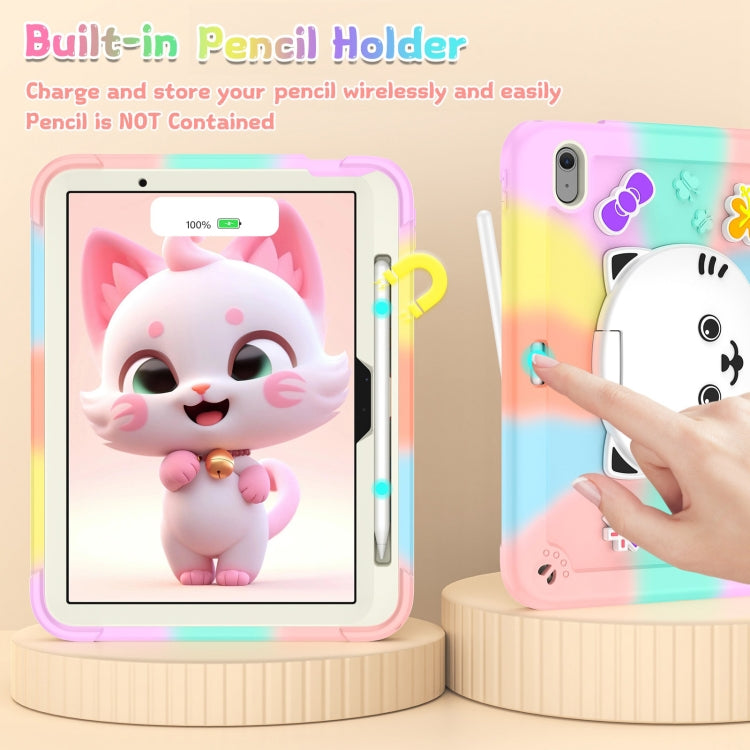 For iPad Air 11 2025 / 2024 Cat Holder Silicone Hybrid PC Tablet Case with Strap(Colorful Rose Gold)