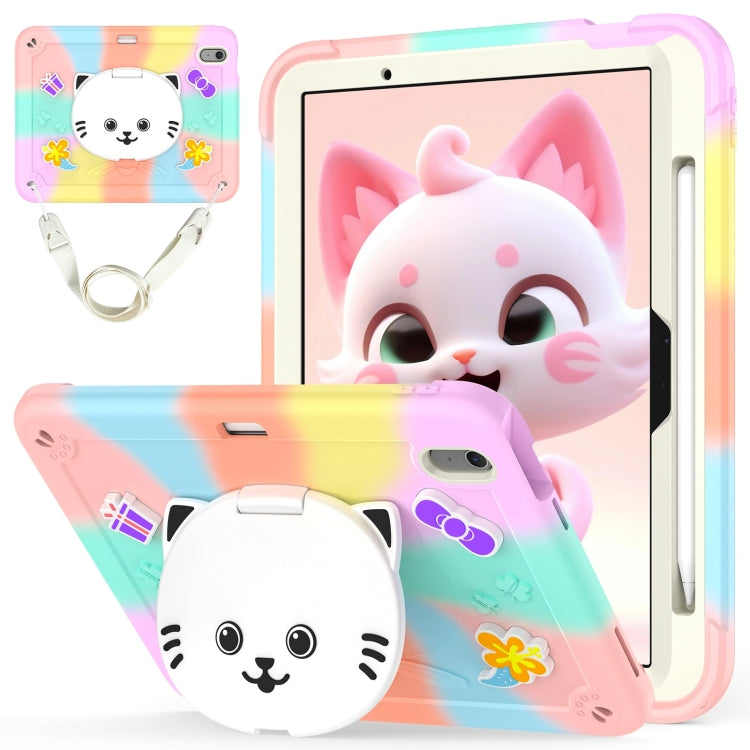 For iPad Air 11 2025 / 2024 Cat Holder Silicone Hybrid PC Tablet Case with Strap(Colorful Rose Gold)