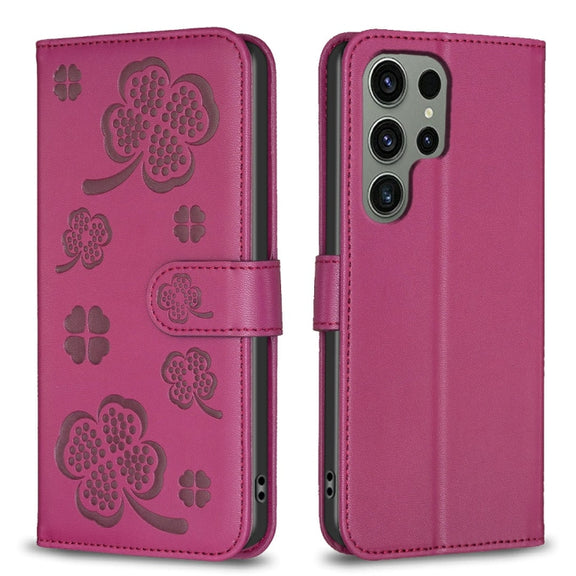 For Samsung Galaxy S25 Ultra 5G Four-leaf Embossed Leather Phone Case(Rose Red)
