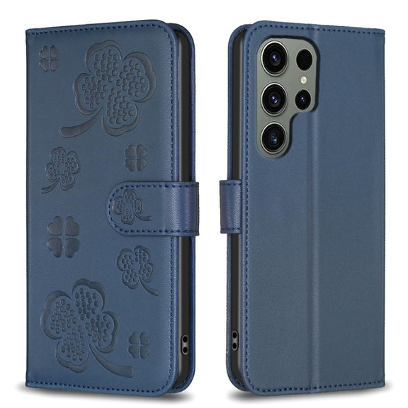 For Samsung Galaxy S25 Ultra 5G Four-leaf Embossed Leather Phone Case(Blue)