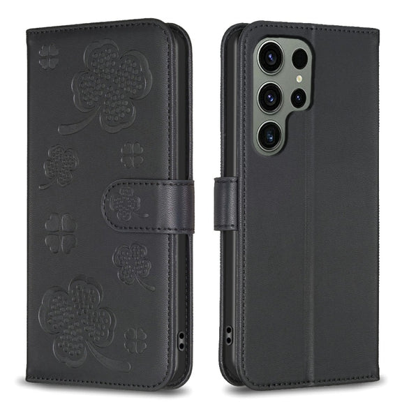 For Samsung Galaxy S25 Ultra 5G Four-leaf Embossed Leather Phone Case(Black)