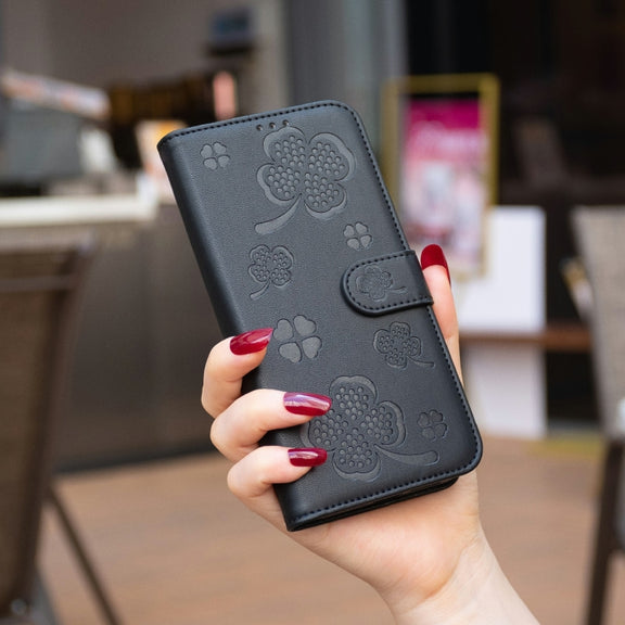 For Samsung Galaxy S25 Ultra 5G Four-leaf Embossed Leather Phone Case(Black)