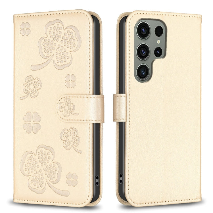 For Samsung Galaxy S25 Ultra 5G Four-leaf Embossed Leather Phone Case(Gold)