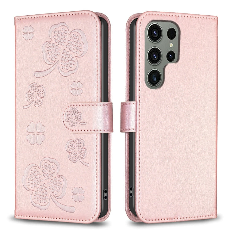 For Samsung Galaxy S25 Ultra 5G Four-leaf Embossed Leather Phone Case(Pink)