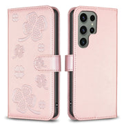 For Samsung Galaxy S25 Ultra 5G Four-leaf Embossed Leather Phone Case(Pink)