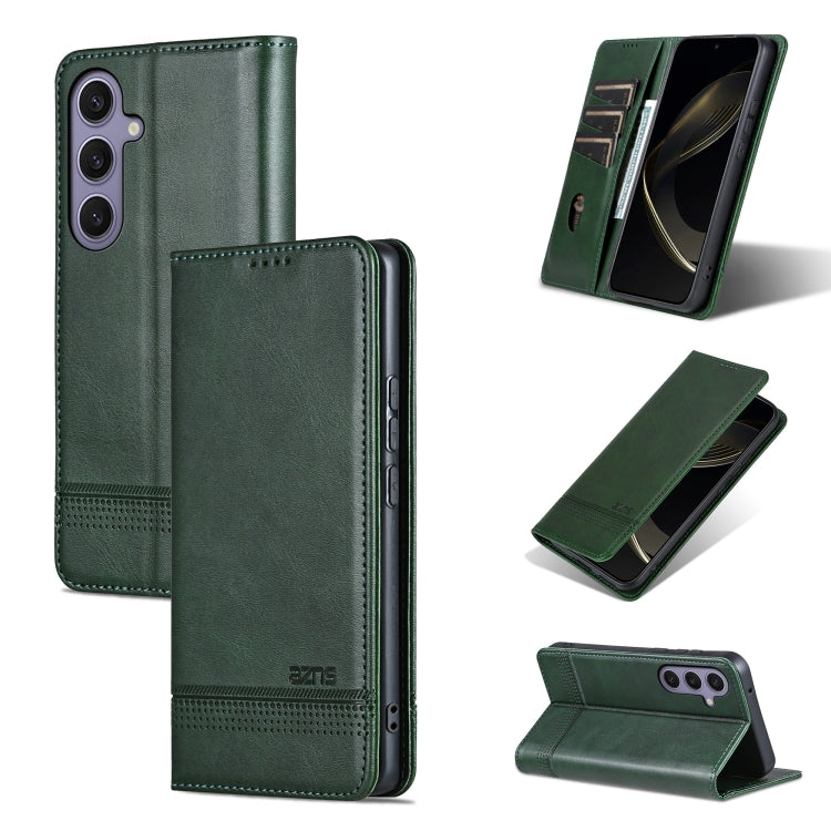 For Samsung Galaxy S25 5G AZNS Magnetic Calf Texture Flip Leather Phone Case(Dark Green)