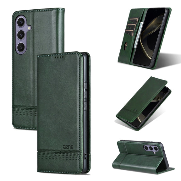 For Samsung Galaxy S25 5G AZNS Magnetic Calf Texture Flip Leather Phone Case(Dark Green)
