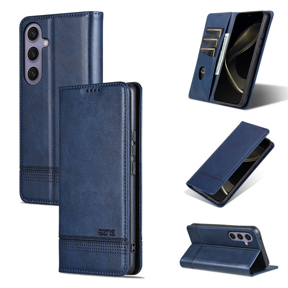 For Samsung Galaxy S25 5G AZNS Magnetic Calf Texture Flip Leather Phone Case(Dark Blue)