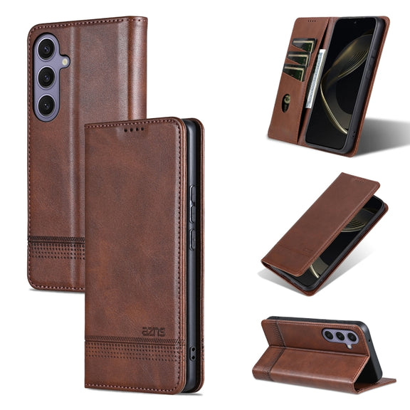 For Samsung Galaxy S25 5G AZNS Magnetic Calf Texture Flip Leather Phone Case(Dark Brown)