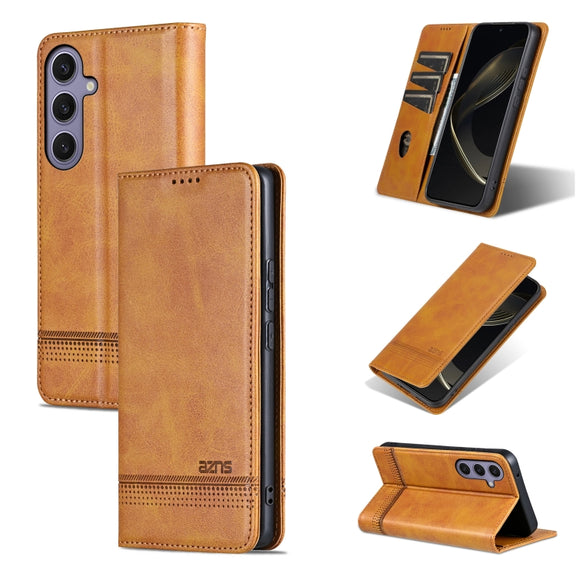 For Samsung Galaxy S25+ 5G AZNS Magnetic Calf Texture Flip Leather Phone Case(Light Brown)