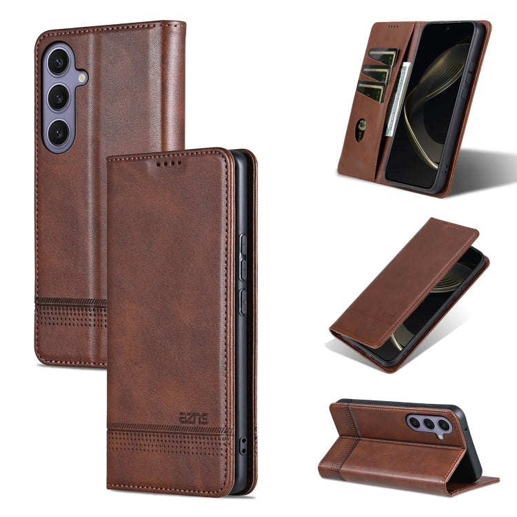 For Samsung Galaxy S25+ 5G AZNS Magnetic Calf Texture Flip Leather Phone Case(Dark Brown)
