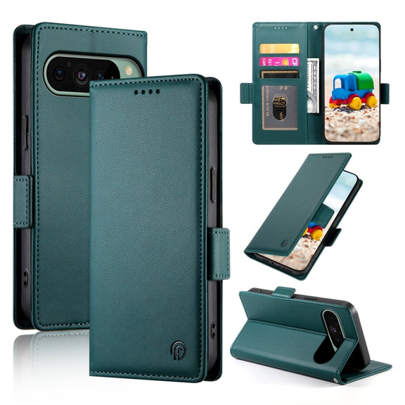 For Google Pixel 9 Side Buckle Magnetic Frosted Leather Phone Case(Dark Green)