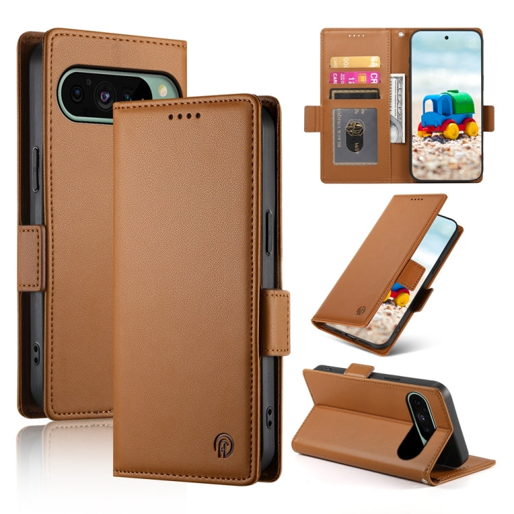 For Google Pixel 9 Side Buckle Magnetic Frosted Leather Phone Case(Brown)