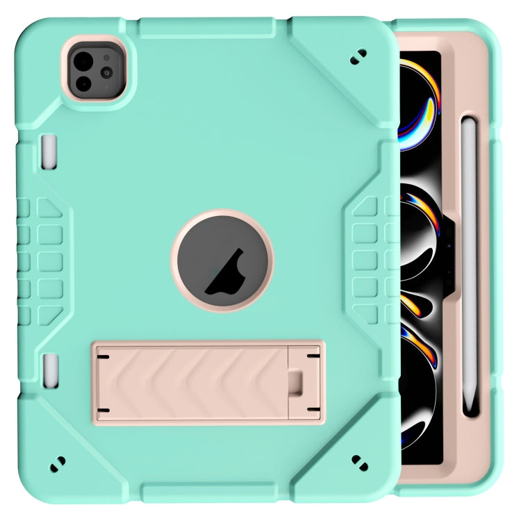 For iPad Pro 11 2024 Armor Holder Silicone Hybrid PC Tablet Case(Mint Green Gold)