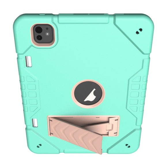 For iPad Pro 11 2024 Armor Holder Silicone Hybrid PC Tablet Case(Mint Green Gold)