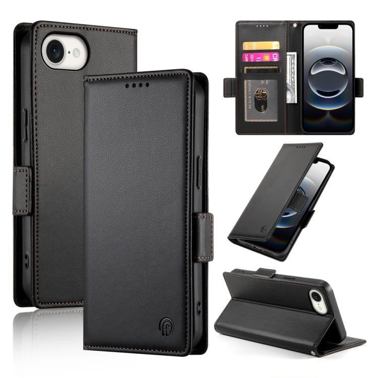 For iPhone 16e Side Buckle Magnetic Frosted Leather Phone Case(Black)