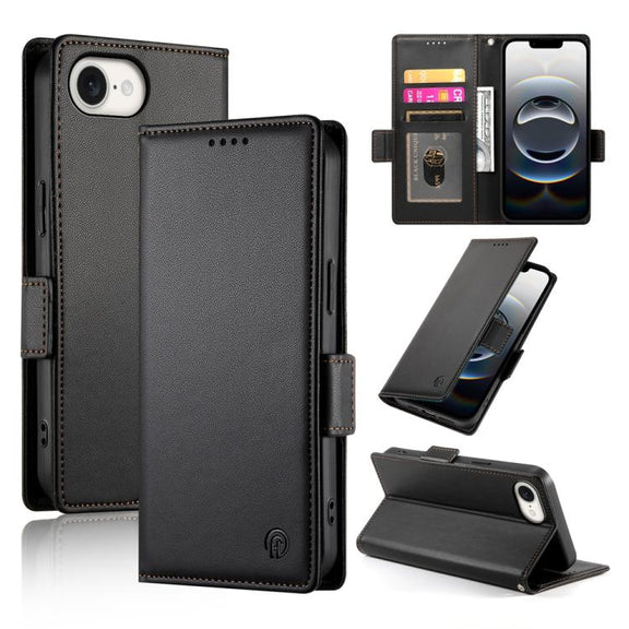 For iPhone 16e Side Buckle Magnetic Frosted Leather Phone Case(Black)