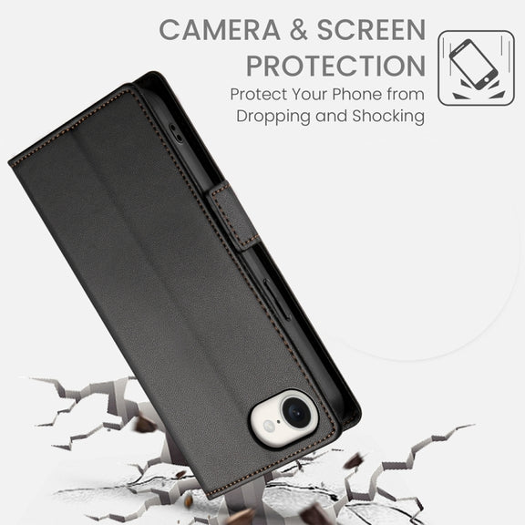 For iPhone 16e Side Buckle Magnetic Frosted Leather Phone Case(Black)