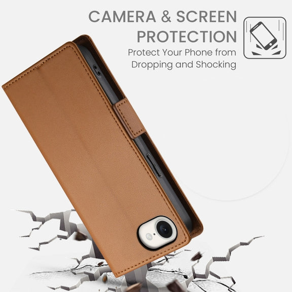 For iPhone 16e Side Buckle Magnetic Frosted Leather Phone Case(Brown)