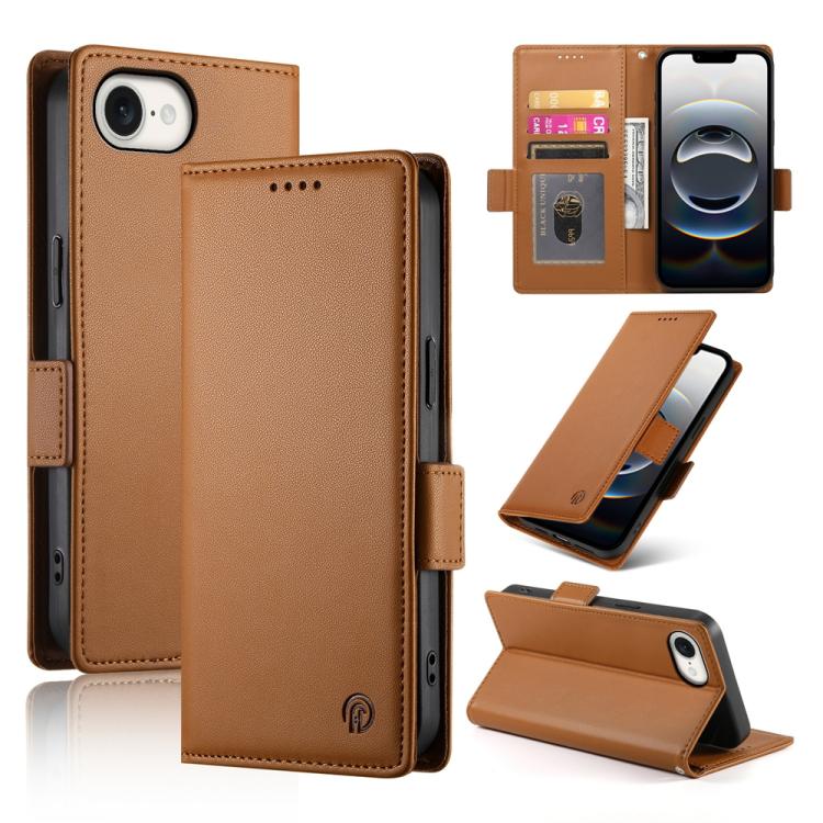 For iPhone 16e Side Buckle Magnetic Frosted Leather Phone Case(Brown)