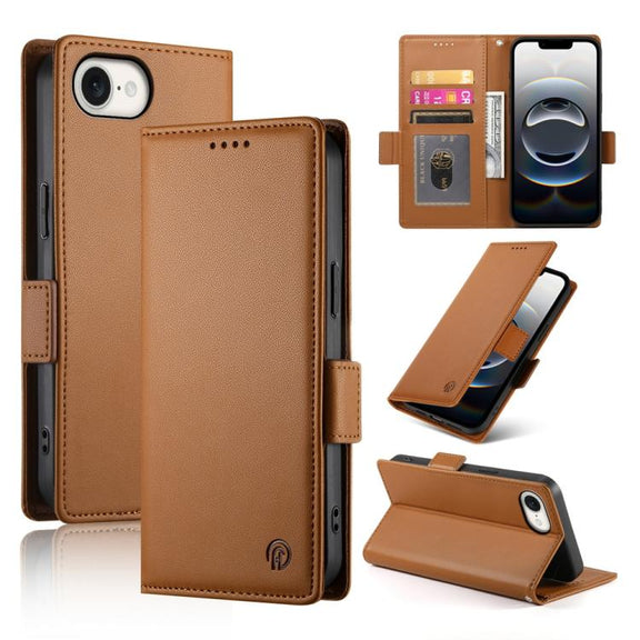 For iPhone 16e Side Buckle Magnetic Frosted Leather Phone Case(Brown)