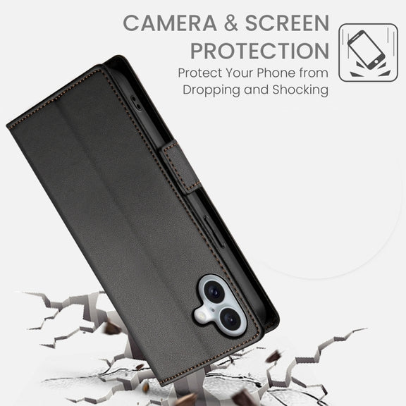 For iPhone 16 Plus Side Buckle Magnetic Frosted Leather Phone Case(Black)