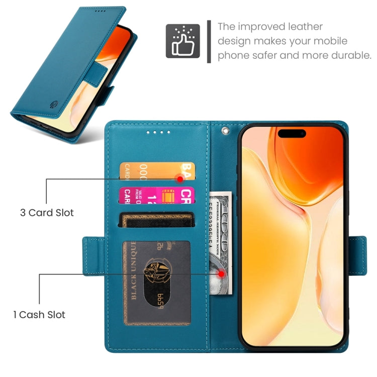 For iPhone 16 Plus Side Buckle Magnetic Frosted Leather Phone Case(Blue)