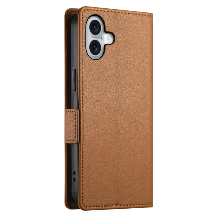 For iPhone 16 Plus Side Buckle Magnetic Frosted Leather Phone Case(Brown)