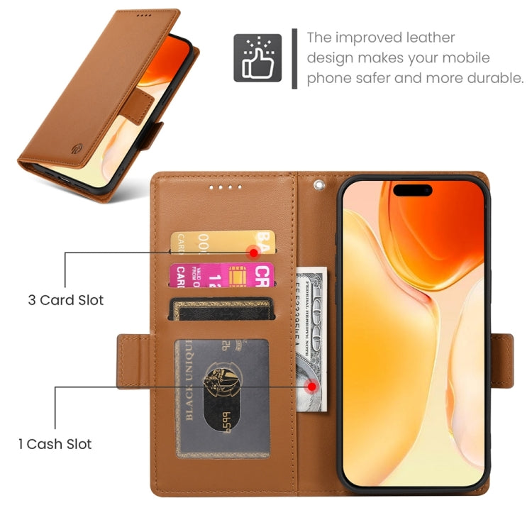 For iPhone 16 Plus Side Buckle Magnetic Frosted Leather Phone Case(Brown)