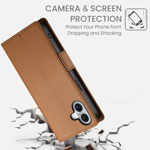 For iPhone 16 Plus Side Buckle Magnetic Frosted Leather Phone Case(Brown)