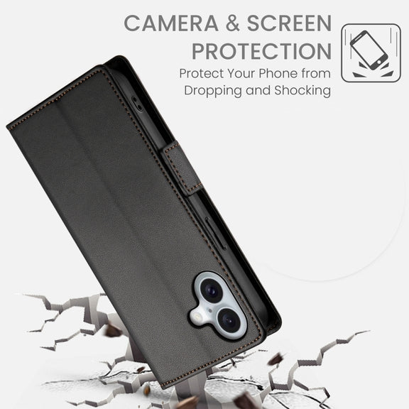 For iPhone 16 Side Buckle Magnetic Frosted Leather Phone Case(Black)