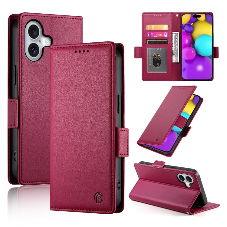 For iPhone 16 Side Buckle Magnetic Frosted Leather Phone Case(Wine Red)