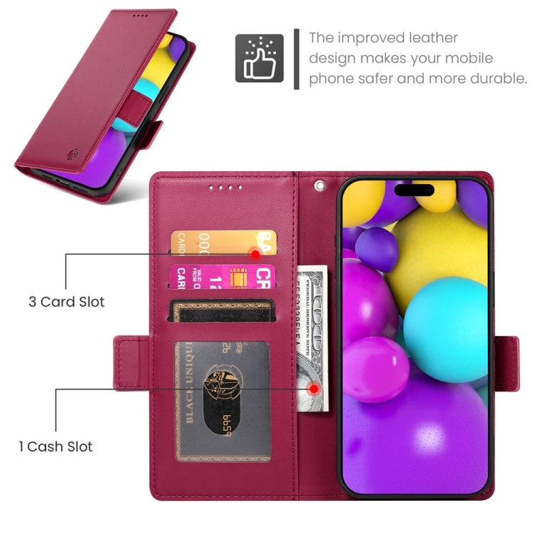 For iPhone 16 Side Buckle Magnetic Frosted Leather Phone Case(Wine Red)