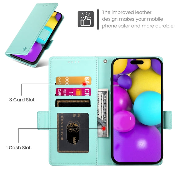 For iPhone 16 Side Buckle Magnetic Frosted Leather Phone Case(Mint Green)