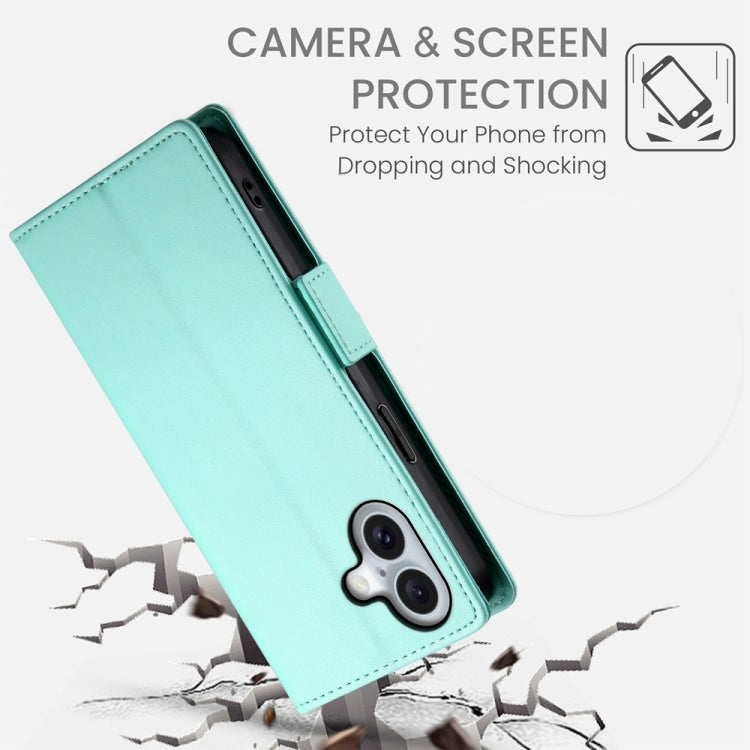 For iPhone 16 Side Buckle Magnetic Frosted Leather Phone Case(Mint Green)